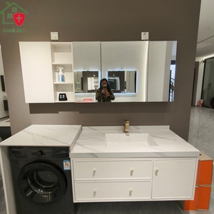 Máquina de lavar integrada y mueble de baño con espejo inteligente, encimera blanca, cuerpo de gabinete montado en la pared - Product Image 4