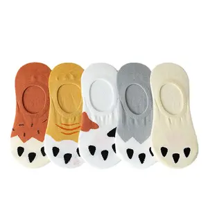 Wholesale funny cartoon girl socks trendy cat paw sock for women anti slip ladies invisible tube socks