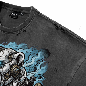 Camisetas de hombre vintage con lavado desgastado, estilo punk, estampado de oso polar mecánico y letras, de manga corta oversize para venta al por mayor - Product Image 6