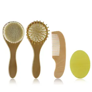 4 Piece Wooden Baby Hair Brush and Comb Set for Newborns & Toddlers Ultra Soft Natural Goat Hair and Wood Baby Brush Set