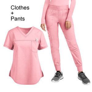 Women's Scrub Set V-Neck Short Sleeve Knitted Breathable Jogging Uniform Pink Navy Blue Purple Burgundy Lake Blue S XXL - Product Image 5