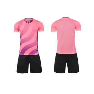2023 thoáng khí đầy đủ tùy chỉnh logo áo bóng đá vải polyester áo bóng đá màu hồng