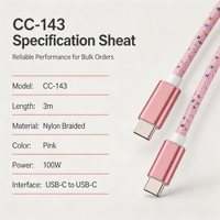 Kabel Data Transfer USB-C Pink Bling Kepang 3m PD Pengisian Cepat 100W Kualitas Tinggi CC-143 Konduktor Tembaga Murni untuk Ponsel