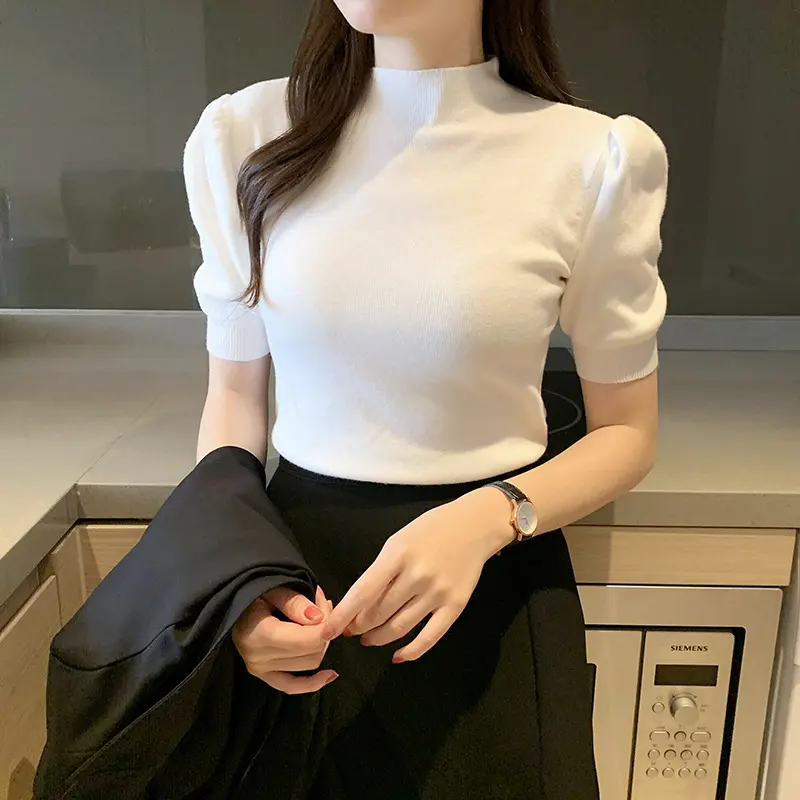 2023新しい韓国の女性の女の子の短いパフスリーブ無地スタンドカラーニットスリムTシャツセータートップスタイトフィットニット