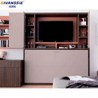 Cama Murphy Horizontal Moderna con Plataforma de Madera de Roble, Mueble para TV, Librería, Vinoteca y Vitrina Integrados para 2 Personas