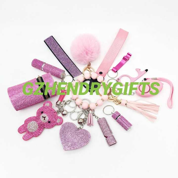 Women Diamond Plastic Spray Shell Bling Safety Keychain Set