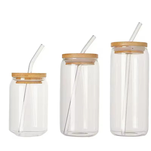 Botella de vidrio de 12oz, 16oz, 20oz, vaso de vidrio de borosilicato alto con tapa y pajita, para cerveza, té, zumo, refrescos - Product Image 1