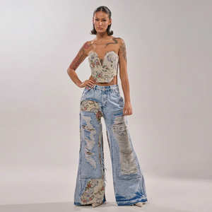<b>Floral</b> Print Eco-Friendly Bohemian Distressed Wide Leg High Waist Denim <b>Jeans</b> Women's Loose Fit Full Length Vintage Style Cotton - Product Image 1