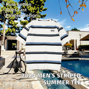 T-shirt décontracté pour homme été 2024, manches courtes, 100% coton, rayures noires et blanches, col rond japonais, coupe ample - Product Image 2