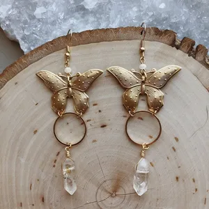 Zooying Butterfly Earrings Moonstone Earrings Natural Clear Quartz Earrings Witchy Gypsy Jewelry
