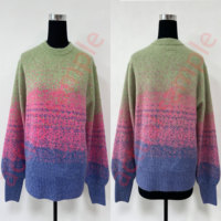 Pull tricoté sur mesure OEM pour femme, dégradé vert rose bleu, chiné, à manches raglan tombantes, en maille épaisse et duveteuse