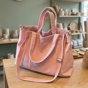 Sac fourre-tout en velours côtelé brodé pour femme, couleur unie, fermeture éclair, portable, printemps, été, automne, hiver, voyage, collection 2024, offre spéciale - Product Image 3