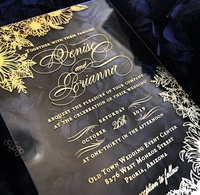 Carte d'invitation de mariage en acrylique transparente avec texte doré personnalisé, prix d'usine, avec enveloppe et support de présentation