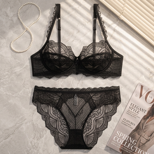 Conjunto de lencería de encaje negro al por mayor, talla grande, elegante estilo francés, sujetador con aros y bragas de 2 piezas, lencería sexy de malla transparente para mujer - Product Image 5