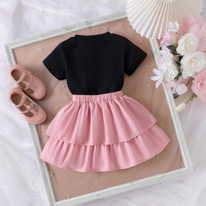 Conjunto de Verano para Niña Estilo Europeo y Americano, Camiseta de Algodón <span class=keywords><strong>con</strong></span> Estampado de Lazo y Manga Corta Negra y Vestido Tutú <span class=keywords><strong>con</strong></span> Volantes - Product Image 3