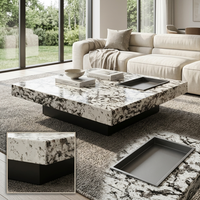 Table basse carrée en quartzite Luca Patagonia |   Plateau en pierre veinée de cristal noir poli avec socle noir mat, sur mesure pour villa et hôtel