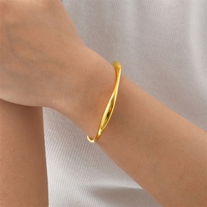 INS Water Wave Jewelry 18K <b>Gold</b> Plated Stainless Steel High-end Chunky Irregular Shaped Open <b>Bangle</b> for Women's Casual/Sporty - Product Image 4