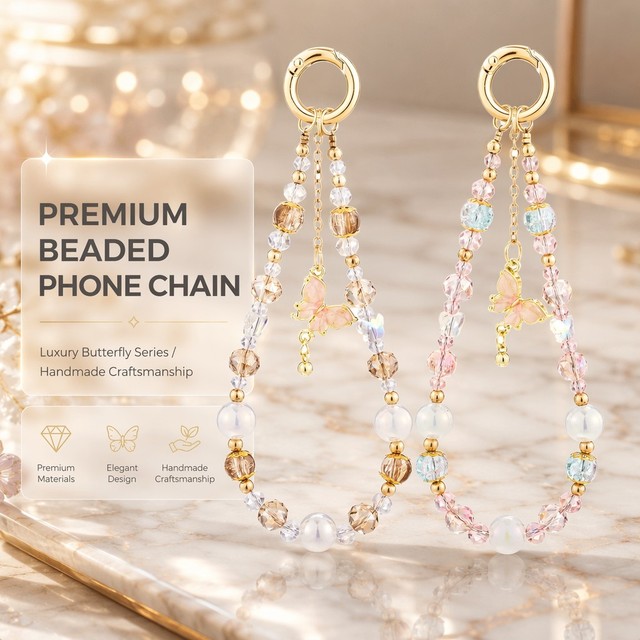 Y2K Beaded Phone Chain Alloy Butterfly Crystal Charm Tassel Lanyard Light Luxury Style Gold Foil Beads Keychain for Smartphone
