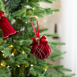 Red Flocked Christmas Wreath Ornaments Set Velvet Bell <b>Candy</b> <b>Cane</b> Bow Hanging Decor for Christmas Tree Door Holiday - Product Image 6
