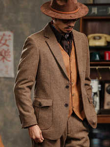 Veste en laine <span class=keywords><strong>marron</strong></span> pour hommes en <span class=keywords><strong>tweed</strong></span> britannique rétro de haute qualité simple boutonnage costume mince <span class=keywords><strong>Blazer</strong></span> plat rembourré décontracté - Product Image 5