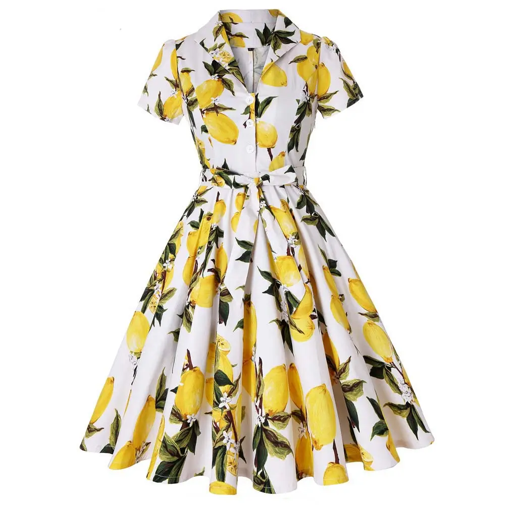 Sunflower A Line Vintage Women's Summer Sundresses 2022 Cotton Turn Down Collar Short Sleeve 1950s Floral Dress CTD2103#