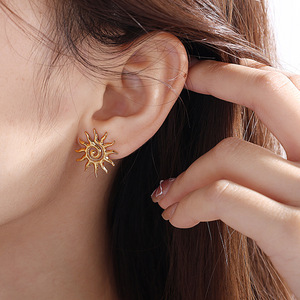 Sun Shape Gold Plated Stud <b>Earrings</b> Zinc Alloy Stainless Steel <b>Post</b> EH883 Fashion Jewelry - Product Image 4