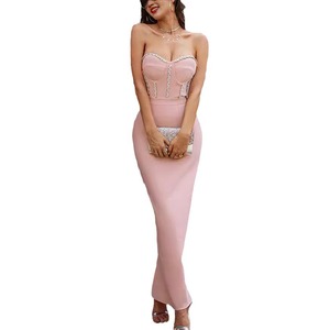 Vestido de Noche Rosa sin Tirantes con Decoración 3D, Cintura Natural, Vestido Largo para Banquetes y Eventos, Estilo Elegante y Ajustado - Product Image 5