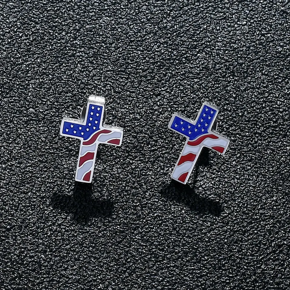 Perhiasan Kristen bendera Amerika baja tahan karat bendera salib enamel anting stud perhiasan baja tahan karat