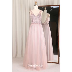 现代粉色晚礼服刺绣珠子天然长v领背透拉链防静电婚礼派对伴娘礼服 - Product Image 1