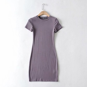 Sac à manches courtes pour femme, vêtements d'été tendance, couleur pure, mode féminine, col rond, slim et décontractée, hanche, robe courte - Product Image 4