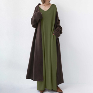 Gaun Muslim Kasual Urban Sederhana Musim Semi Baru Wanita Rajutan Lengan Panjang Kerah V Model Swing Besar Pakaian Islami Asli - Product Image 6