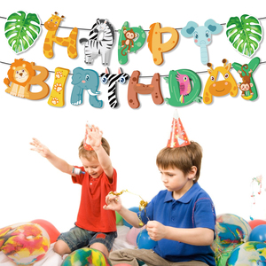 HUANCAI Decorazioni per Feste di Compleanno a Tema <span class=keywords><strong>Animali</strong></span> della Giungla, Striscione 'BUON COMPLEANNO' per Feste <span class=keywords><strong>Safari</strong></span> per Bambini - Product Image 1