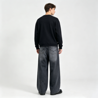 Jean Wave Pocket pour homme, denim délavé bleu marine foncé, coupe ample à jambe large, taille non finie, cinq poches, pour un usage quotidien