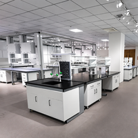 Banc de laboratoire en acier pour l'industrie de l'IA, table de travail résistante aux acides et aux alcalis avec étagères à réactifs et armoire de rangement sous le plan.