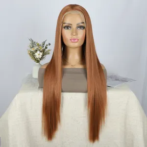 Perruque Lace Front Wig longue lisse Blonde Ombre bleue brune pour femmes, perruques synthétiques en Fiber résistante à la chaleur pour fête quotidienne