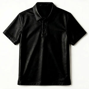 เสื้อเชิ้ตแขนสั้นลำลองผู้ชาย ผ้าซาตินหนังสีดำ ปกคอพับ สีพื้น ใส่ได้ในฤดูหนาว ระบายอากาศได้ดี ผ้าถักน้ำหนัก 220 กรัม - Product Image 1