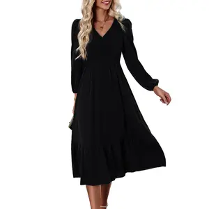 D547女士优雅黑色女式印花波西米亚连衣裙长袖包裹v领褶边束带休闲a线飘逸长裙