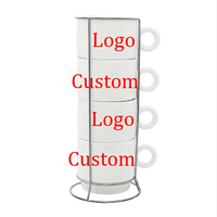 Ensemble de tasses en céramique empilables avec logo personnalisé - Résistant au lave-vaisselle et au micro-ondes - Vaisselle réutilisable pour café et thé - Personnalisable