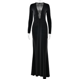 Vestido de noche con cuello en V profundo, manga larga, corte de cola de pez, elegante, formal, para mujer - Product Image 5