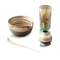 Ensemble de Matcha en Grès Céramique Grossier, Outils de Préparation du Thé, Bol à Matcha en Céramique, Fouet à Matcha (Chasen) Style Japonais, Origine Dehua, Emballé en Coffret Cadeau, avec Bec Verseur