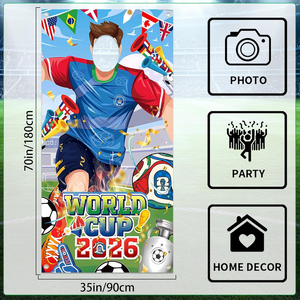 لافتة عالمية 71×35 بوصة لعام <span class=keywords><strong>2026</strong></span> مع صورة لاعب كرة قدم مع فتحة للوجه لتزيين حفلات كرة القدم العالمية - Product Image 3