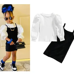 2023 fall New Baby Toddler Girl 2 pcs Outfit set Cute White Puff Sleeved Shirt +red Velvet Jumper Skirt 2-6 Years