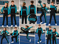 Conjunto de entrenamiento de porristas en negro y verde azulado: Chaqueta de porristas con pedrería personalizada y pantalones rectos para calentamiento y práctica.