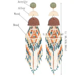 Western Bohemian Elegan Manik-manik Manik-manik Manik-manik Menjuntai Panjang Rumbai Anting Boho Perhiasan Manik-manik Buatan Tangan untuk Wanita