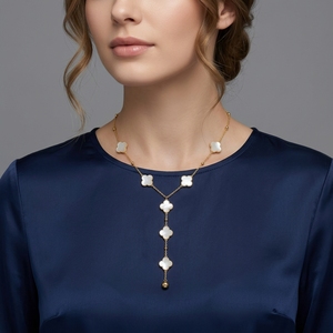 Alla Moda Collana con Ciondolo a Quadrifoglio in <span class=keywords><strong>Acquamarina</strong></span> Naturale Placcata Oro 18K in Acciaio Inossidabile per Donne - Product Image 2