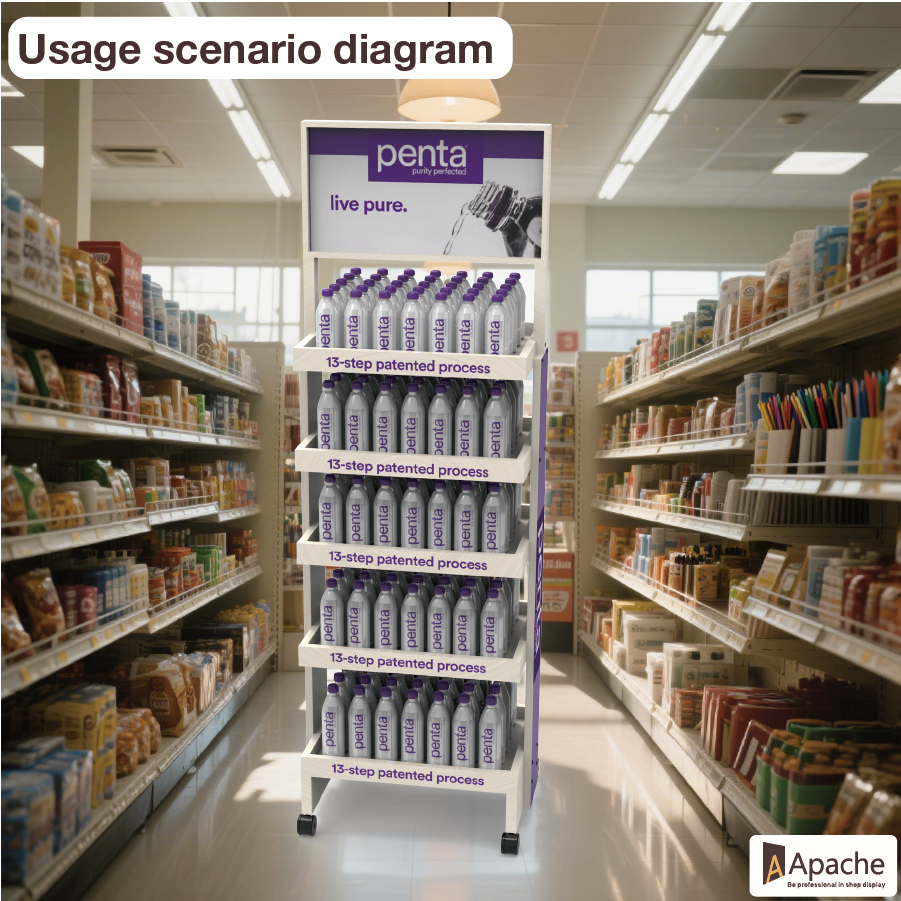 Apache Customized 5-Tier Wood Display Rack Portable Mineral Water Display Stand for Supermarkets — view 2