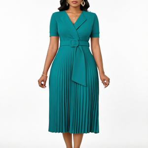 Robe midi plissée à col en V et manches courtes, ceinturée, coupe trapèze, pour femme, idéale pour le bureau - Product Image 3
