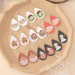 Boucles d'oreilles pendantes en bois de Noël, motif Père Noël et bonhomme de neige, en forme de goutte, ensemble de bijoux cadeau - Product Image 1