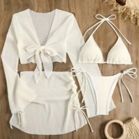 Set Bikini 4 Potong Warna Solid Model Segitiga Brasil untuk Wanita, Atasan Crop Lengan Panjang & Rok Jaring Penutup Pinggang