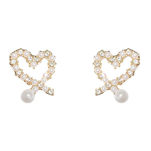 E2041 Orecchini pendenti a forma di cuore in oro con perle finte e cristalli per gioielli da donna in stile romantico da matrimonio - Product Image 5